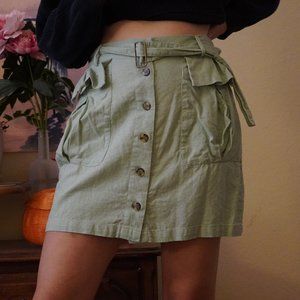 Pastel Mint Green Skirt with Pockets and Belt Tie Linen Blend For Summer